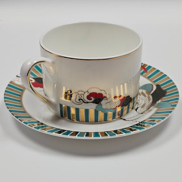 The Forbidden City Culture Koi Fish Carp Fine Asian Porcelain Cup Saucer Set - Picture 2 of 9